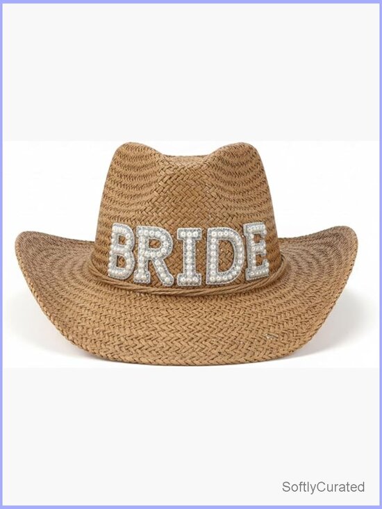 Straw Cowboy Hat with Bride Pearl for Bachelorette Wedding